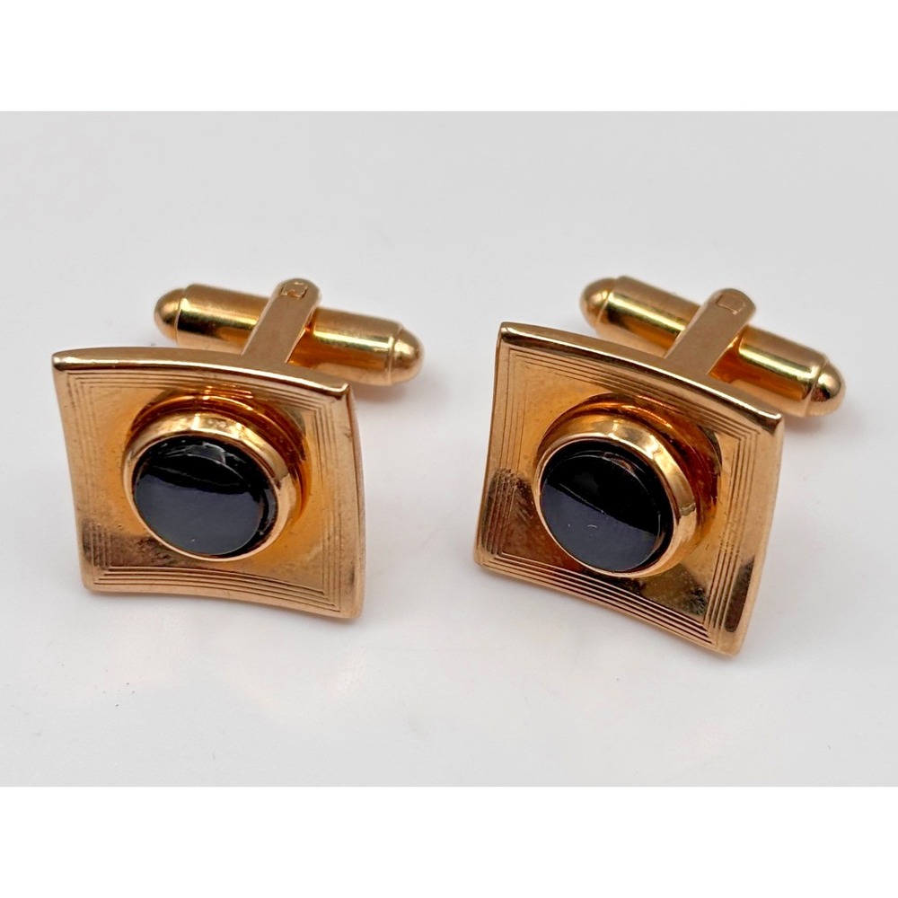Vintage Shields Square Cufflinks Black Cabochon Gold Tone Retro Men's Jewelry